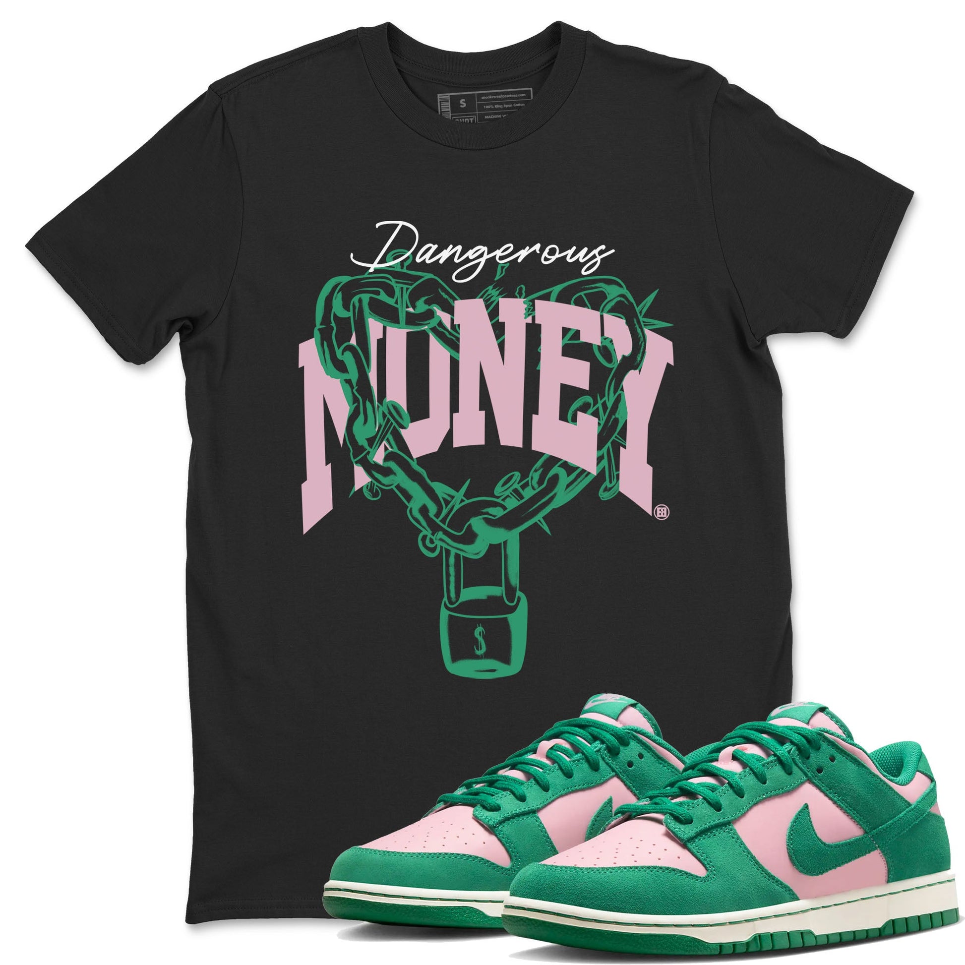 Dunk Low Medium Soft Pink Malachite shirt to match jordans Dangerous Money sneaker tees Dunks Medium Soft Pink Malachite Streetwear Brand SNRT Sneaker Release Tees unisex cotton Black 1 crew neck shirt