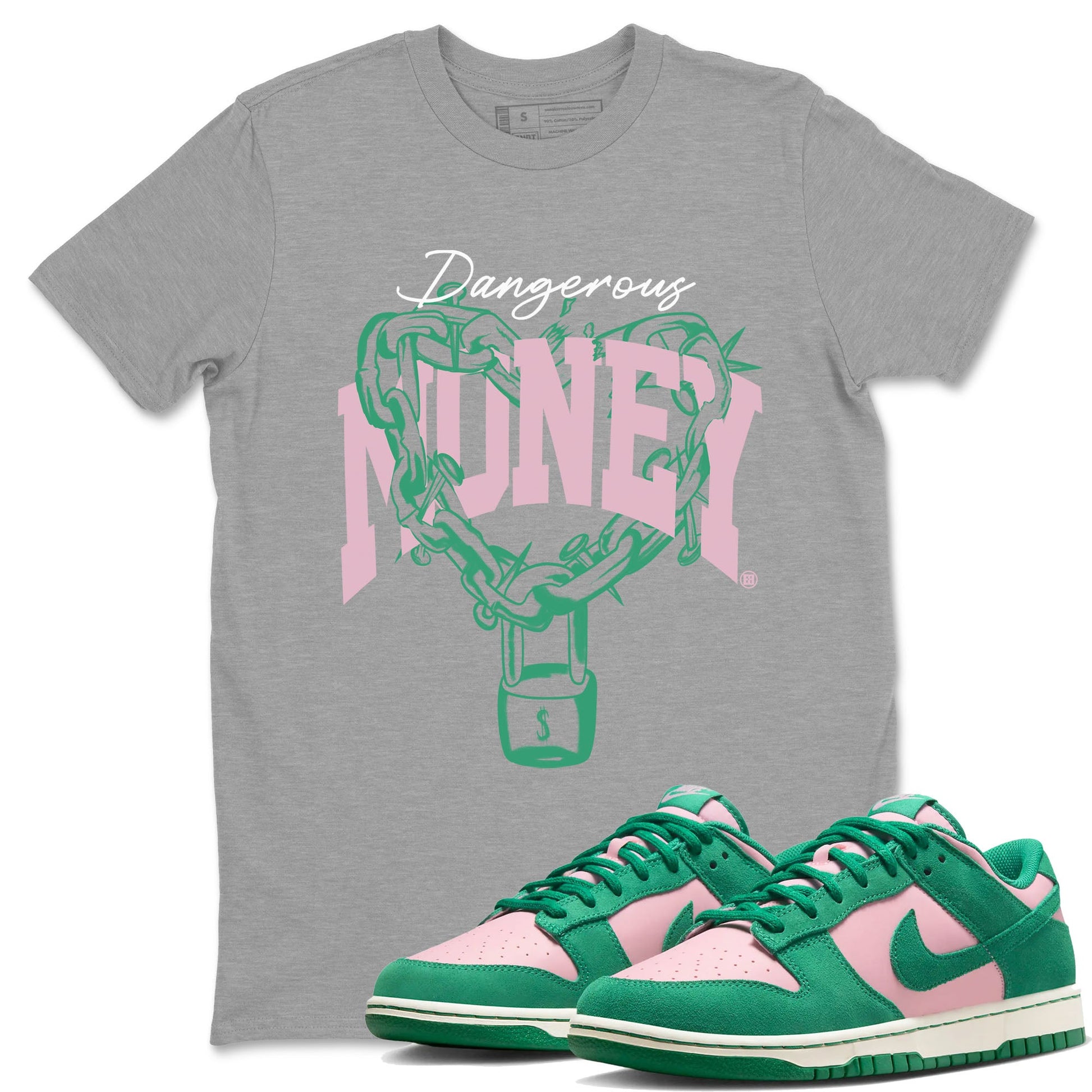Dunk Low Medium Soft Pink Malachite shirt to match jordans Dangerous Money sneaker tees Dunks Medium Soft Pink Malachite Streetwear Brand SNRT Sneaker Release Tees unisex cotton Heather Grey 1 crew neck shirt