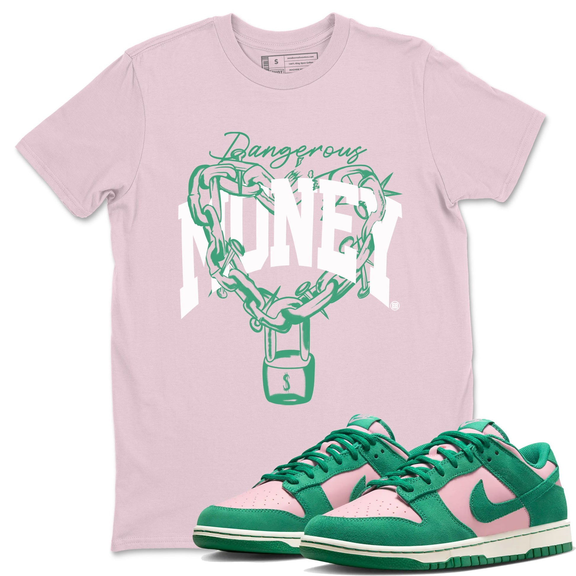 Dunk Low Medium Soft Pink Malachite shirt to match jordans Dangerous Money sneaker tees Dunks Medium Soft Pink Malachite Streetwear Brand SNRT Sneaker Release Tees unisex cotton Pink 1 crew neck shirt