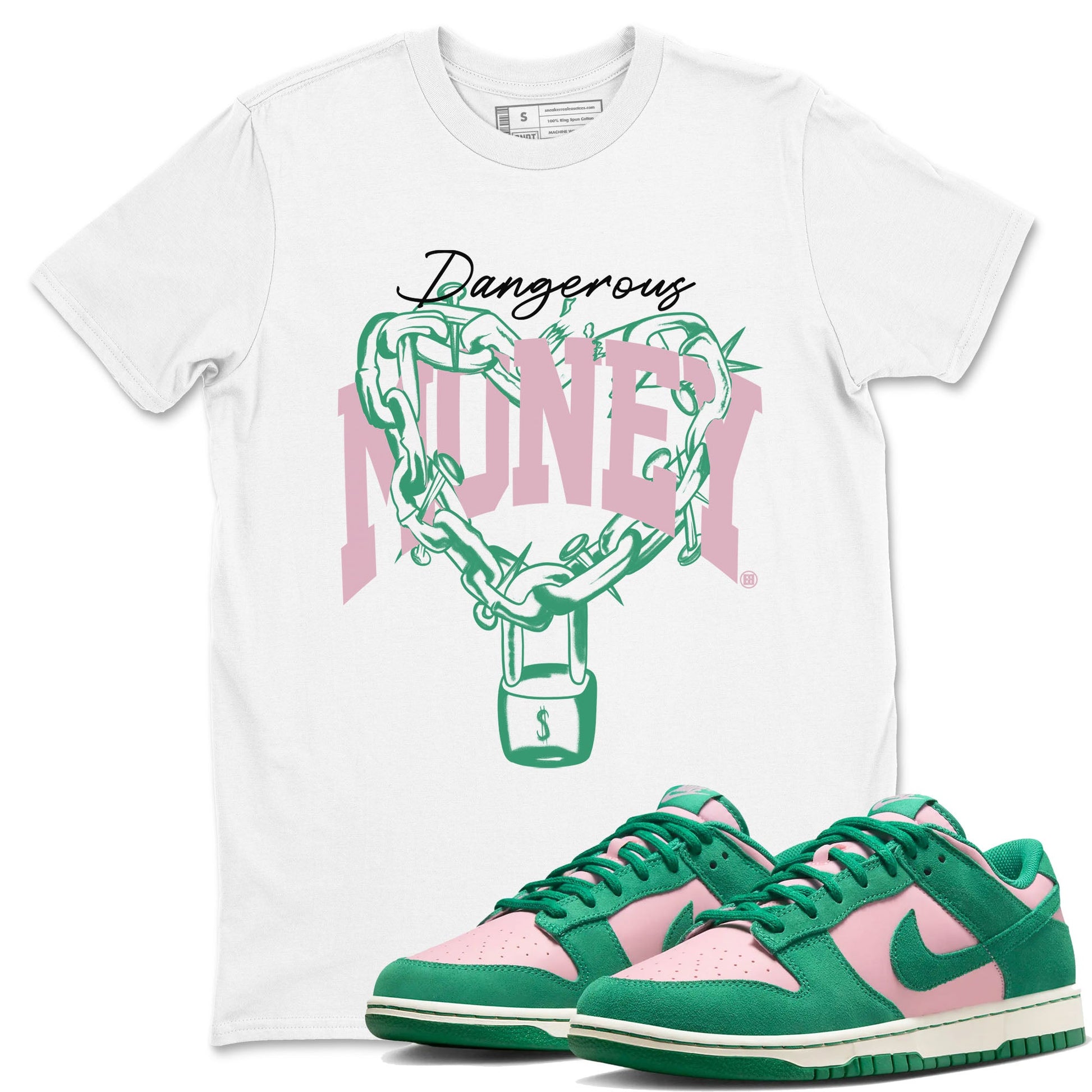 Dunk Low Medium Soft Pink Malachite shirt to match jordans Dangerous Money sneaker tees Dunks Medium Soft Pink Malachite Streetwear Brand SNRT Sneaker Release Tees unisex cotton White 1 crew neck shirt