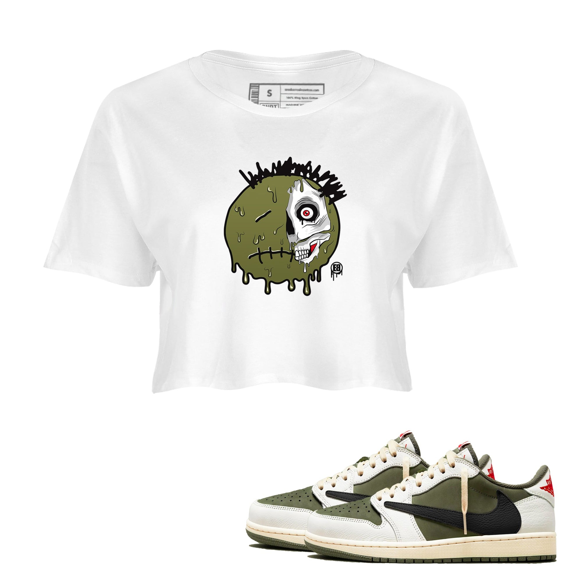 1s Travis Scott Medium Olive shirts to match jordans Dead Inside sneaker match tees Air Jordan 1 Travis Scott Medium Olive SNRT Sneaker Tees streetwear brand White 1 crop tee