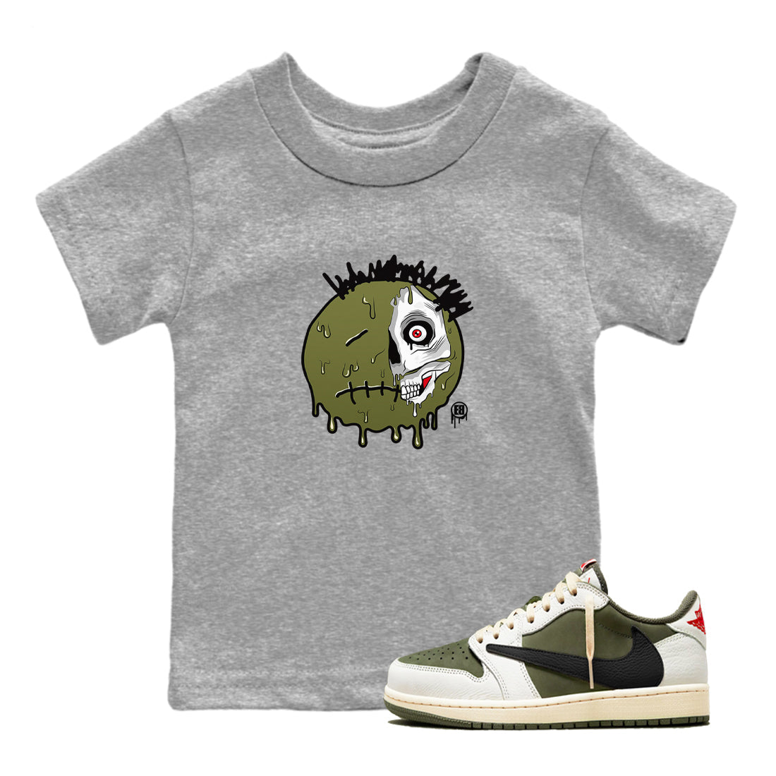 1s Travis Scott Medium Olive shirts to match jordans Dead Inside sneaker match tees Air Jordan 1 Travis Scott Medium Olive SNRT Sneaker Tees streetwear brand Baby and Youth Heather Grey 1 cotton tee