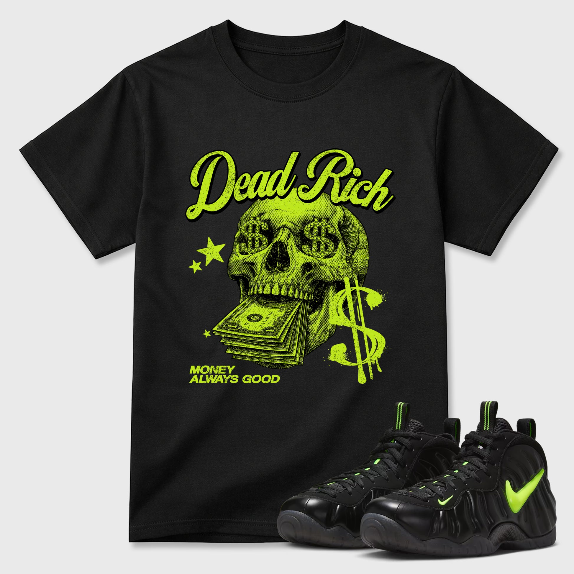 Sneaker match tees – Sneaker Tees To Match Air Foamposite Pro Black Shoes – Dead Rich Tee Black 1