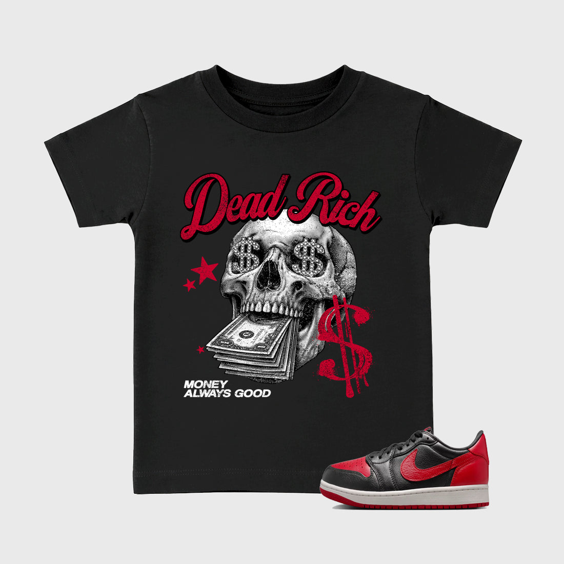 Sneaker match tees – Sneaker Tees To Match Air Jordan 1 Banned Shoes – Dead Rich Kids T-Shirt Black 1