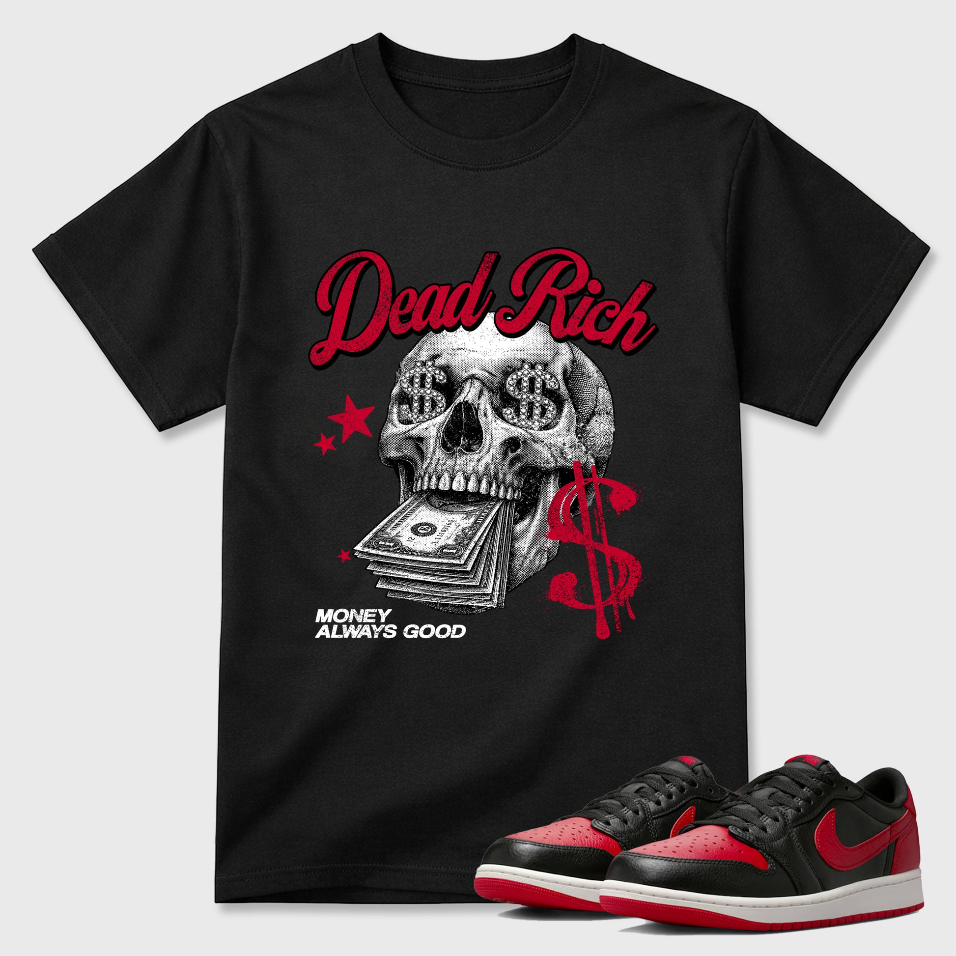 Sneaker match tees – Sneaker Tees To Match Air Jordan 1 Banned Shoes – Dead Rich Tee Black 1