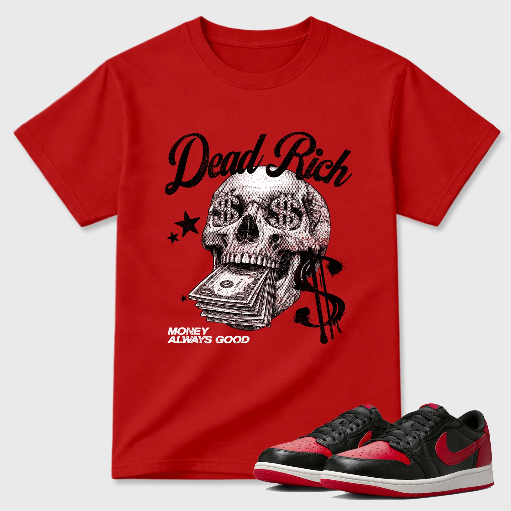 Sneaker match tees – Sneaker Tees To Match Air Jordan 1 Banned Shoes – Dead Rich Tee Red 1