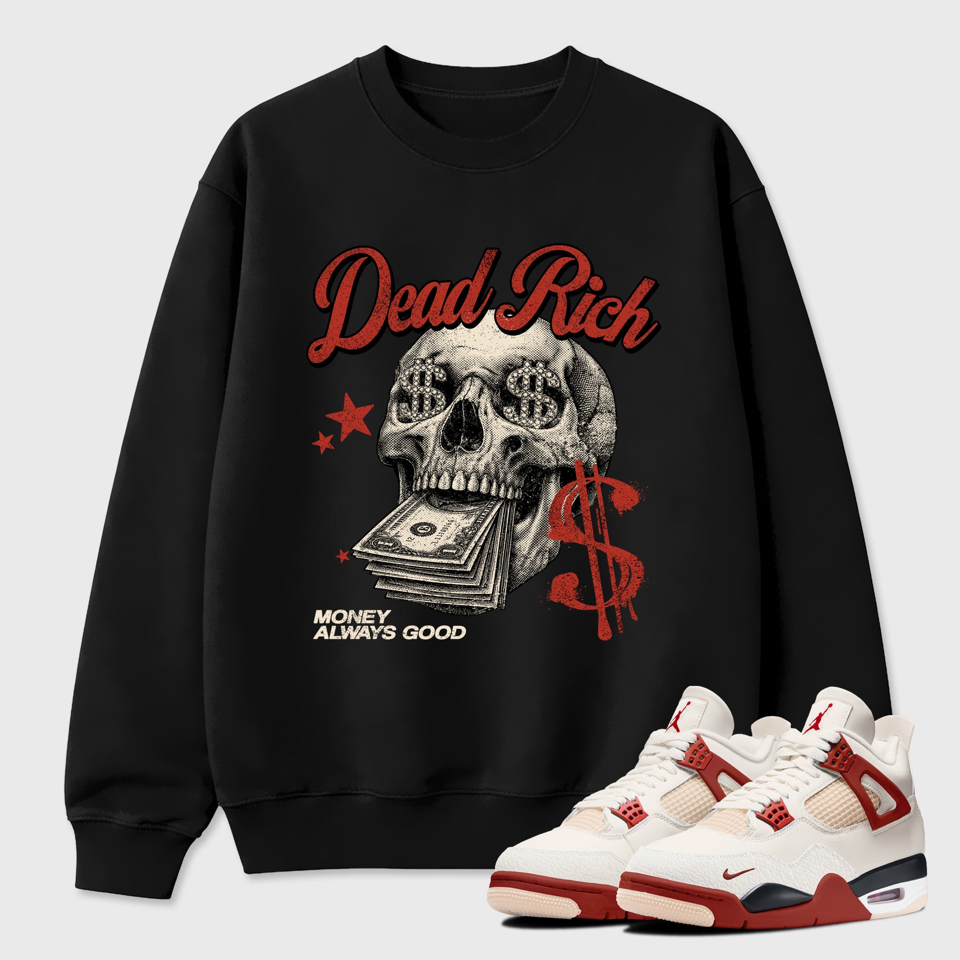Perfect Sneakerhead Fashion Outfits – Sneaker Tees To Match Air Jordan 4 Brick After Brick Shoes – Dead Rich Graphic Tee Black 1