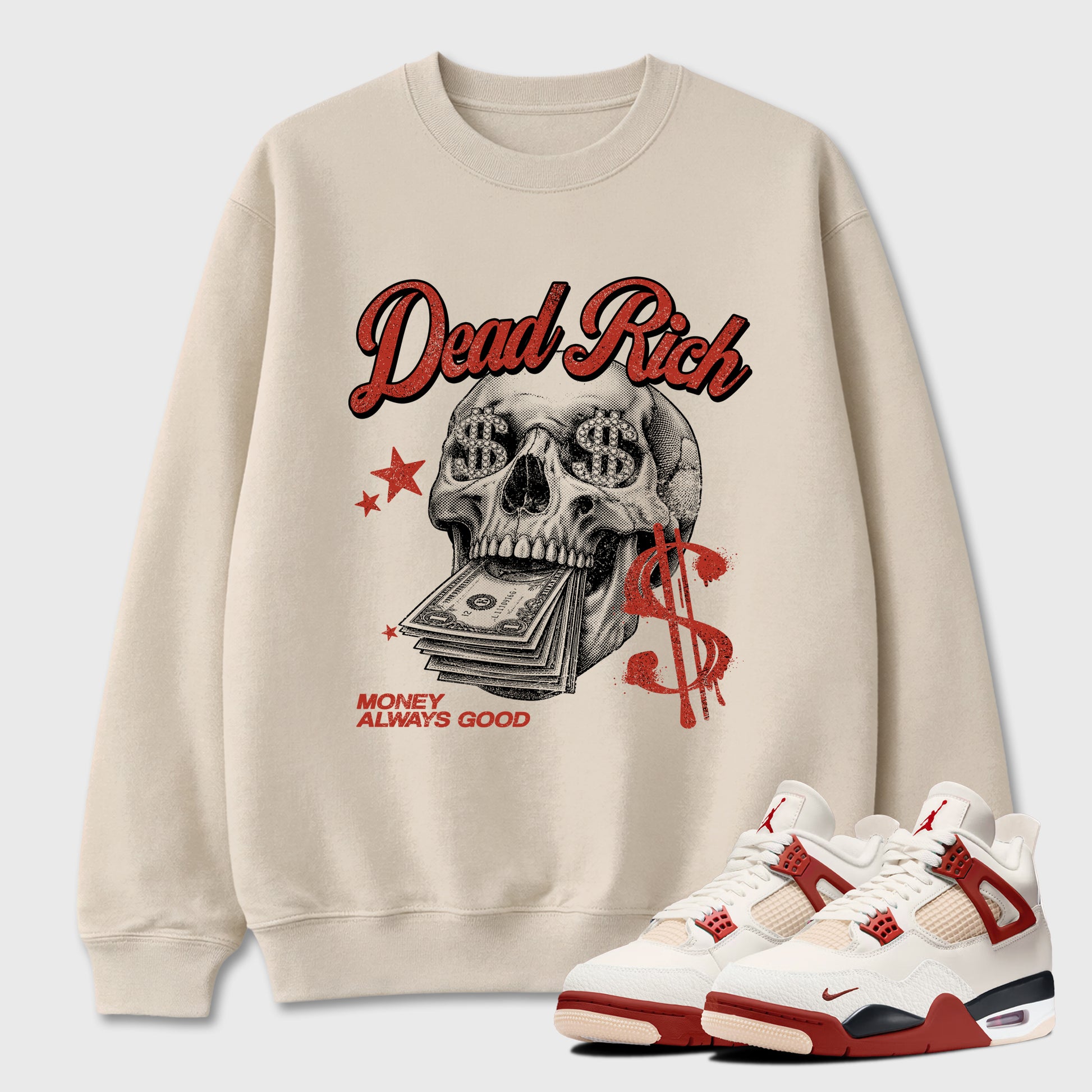 Perfect Sneakerhead Fashion Outfits – Sneaker Tees To Match Air Jordan 4 Brick After Brick Shoes – Dead Rich Graphic Tee Natural 1