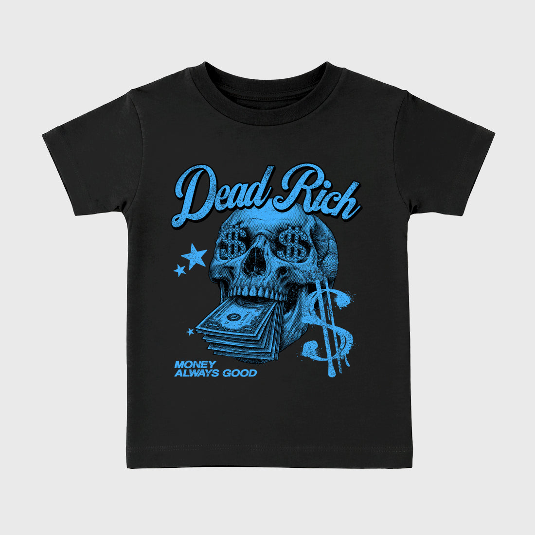 Dead Rich affordable baby and kids t-shirt designed to match the Air Jordan 5 Black Carolina, featuring coordinated Black 2 options for the perfect little sneakerhead streetwear look.