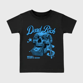 Dead Rich affordable baby and kids t-shirt designed to match the Air Jordan 5 Black Carolina, featuring coordinated Black 2 options for the perfect little sneakerhead streetwear look.