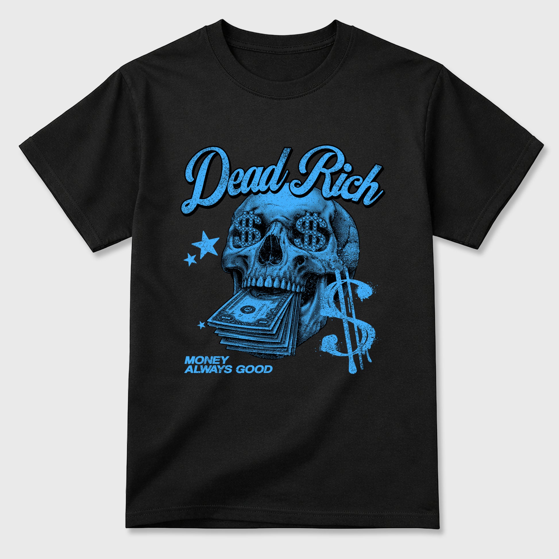 Dead Rich Graphic T-Shirt sneaker match tee designed for the Air Jordan 5 Black Carolina, featuring coordinated color options for a perfect streetwear match. Black 2 shirt.