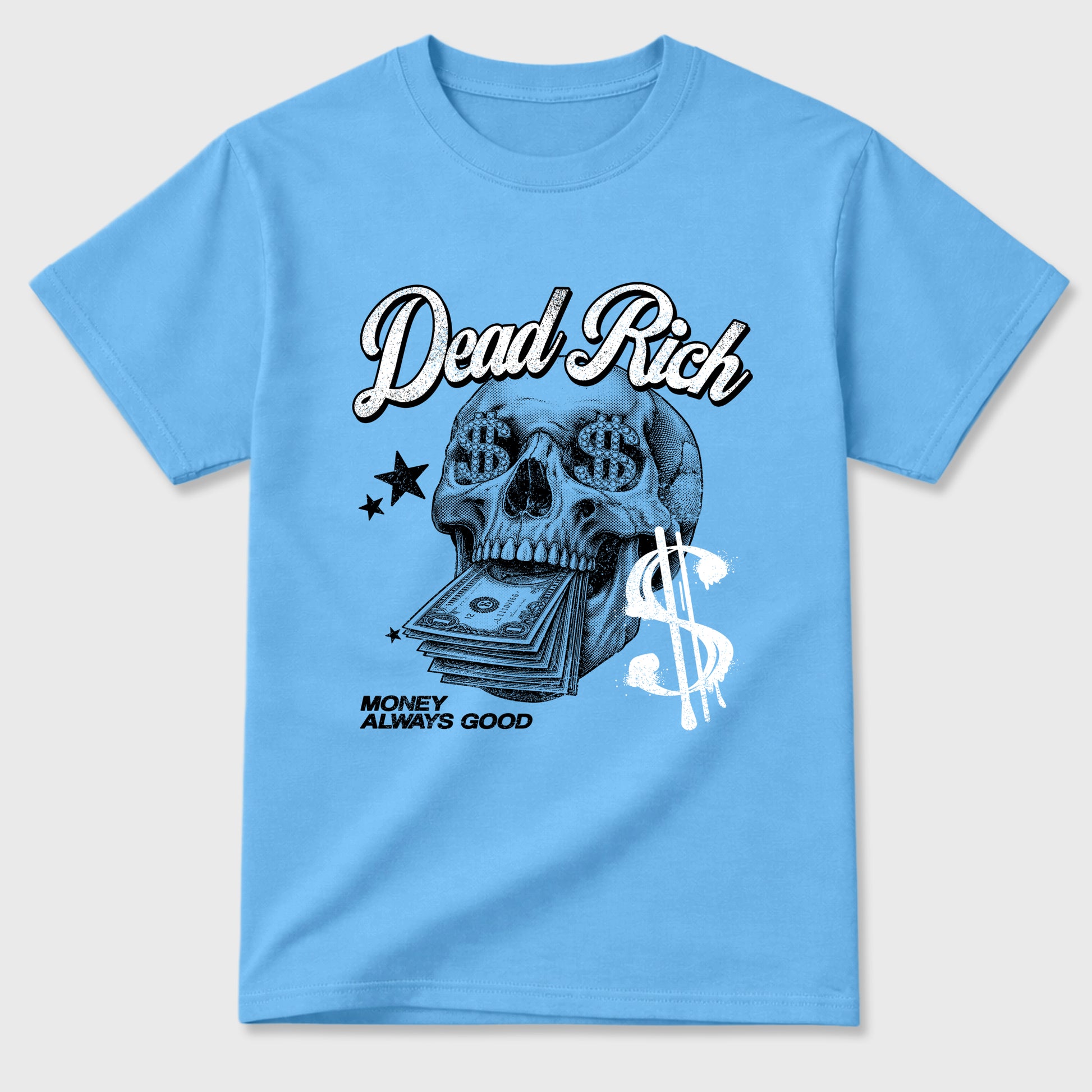 Dead Rich Graphic T-Shirt sneaker match tee designed for the Air Jordan 5 Black Carolina, featuring coordinated color options for a perfect streetwear match. Carolina Blue 2 shirt.