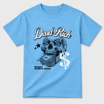 Dead Rich Graphic T-Shirt sneaker match tee designed for the Air Jordan 5 Black Carolina, featuring coordinated color options for a perfect streetwear match. Carolina Blue 2 shirt.