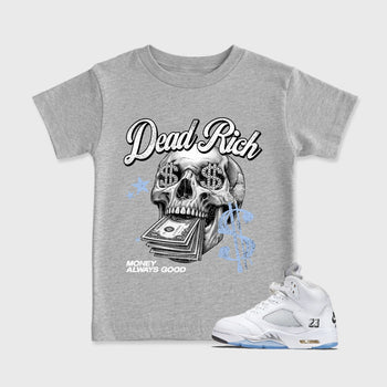 Perfect Sneakerhead Fashion Outfits – Sneaker Tees To Match Air Jordan 5 White Metallic Shoes – Dead Rich Kids Graphic T-Shirt Heather Grey 1
