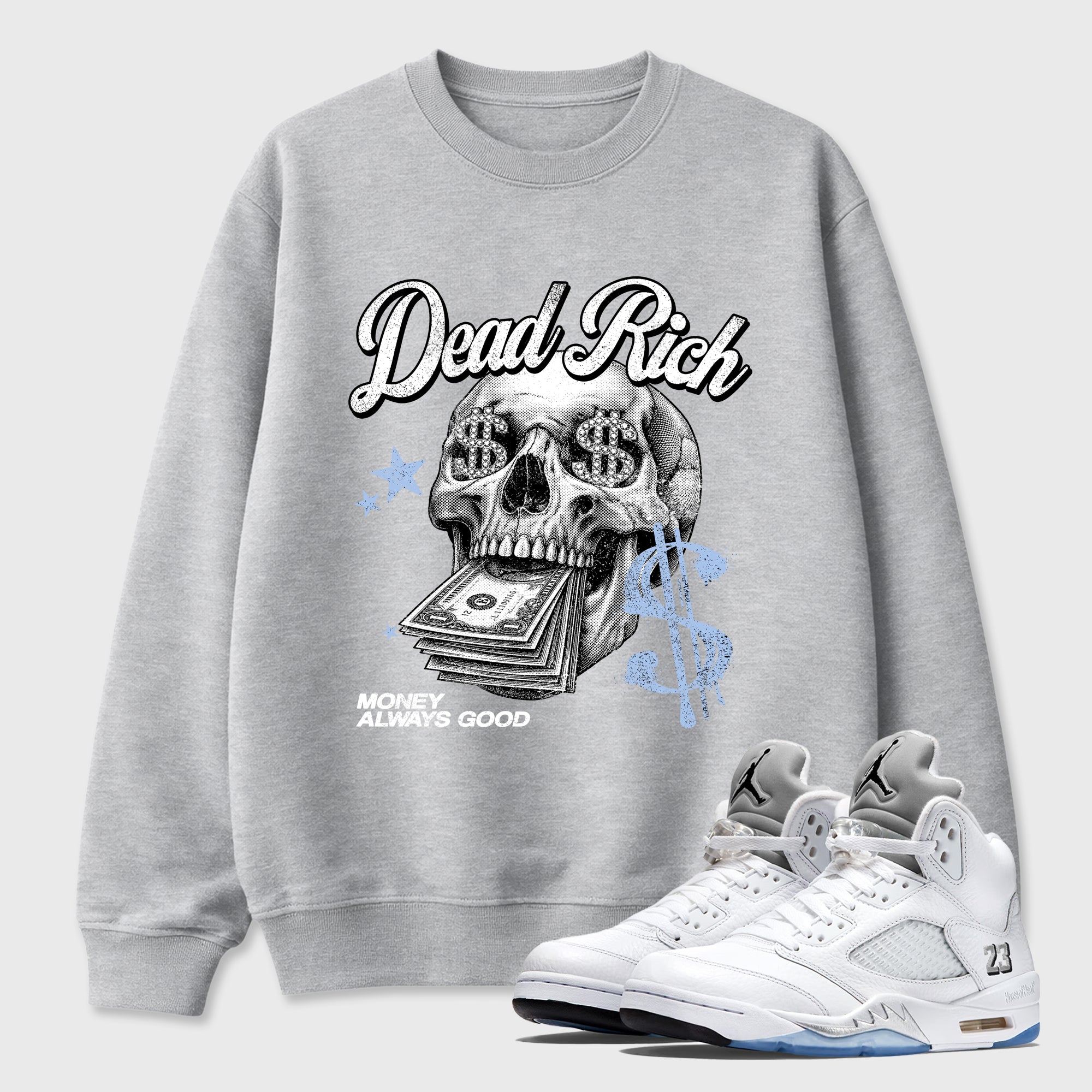 Perfect Sneakerhead Fashion Outfits – Sneaker Tees To Match Air Jordan 5 White Metallic Shoes – Dead Rich Graphic Tee Heather Grey 1