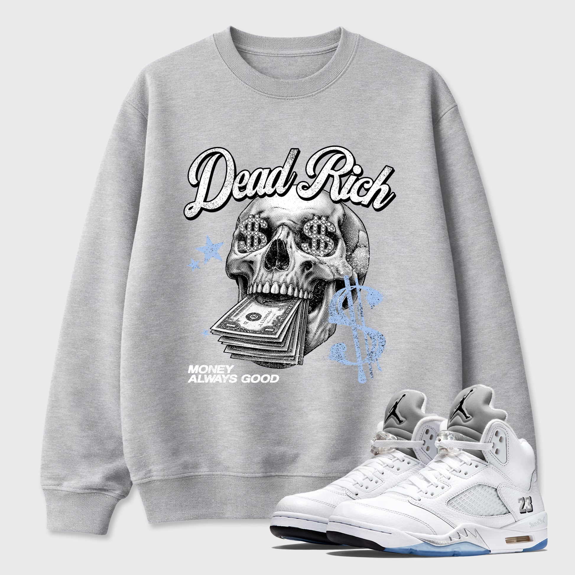 Perfect Sneakerhead Fashion Outfits – Sneaker Tees To Match Air Jordan 5 White Metallic Shoes – Dead Rich Graphic Tee Heather Grey 1