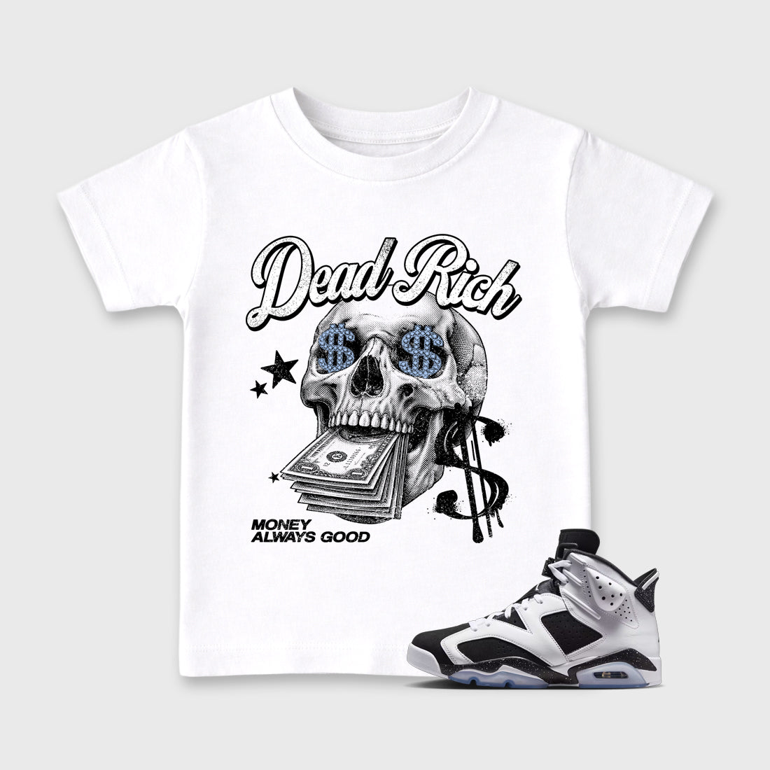 Dead Rich Baby & Kids Graphic T-Shirt featuring original artwork designed to match the Air Jordan 6 Black and White. White 1 Kids Graphic Tee.