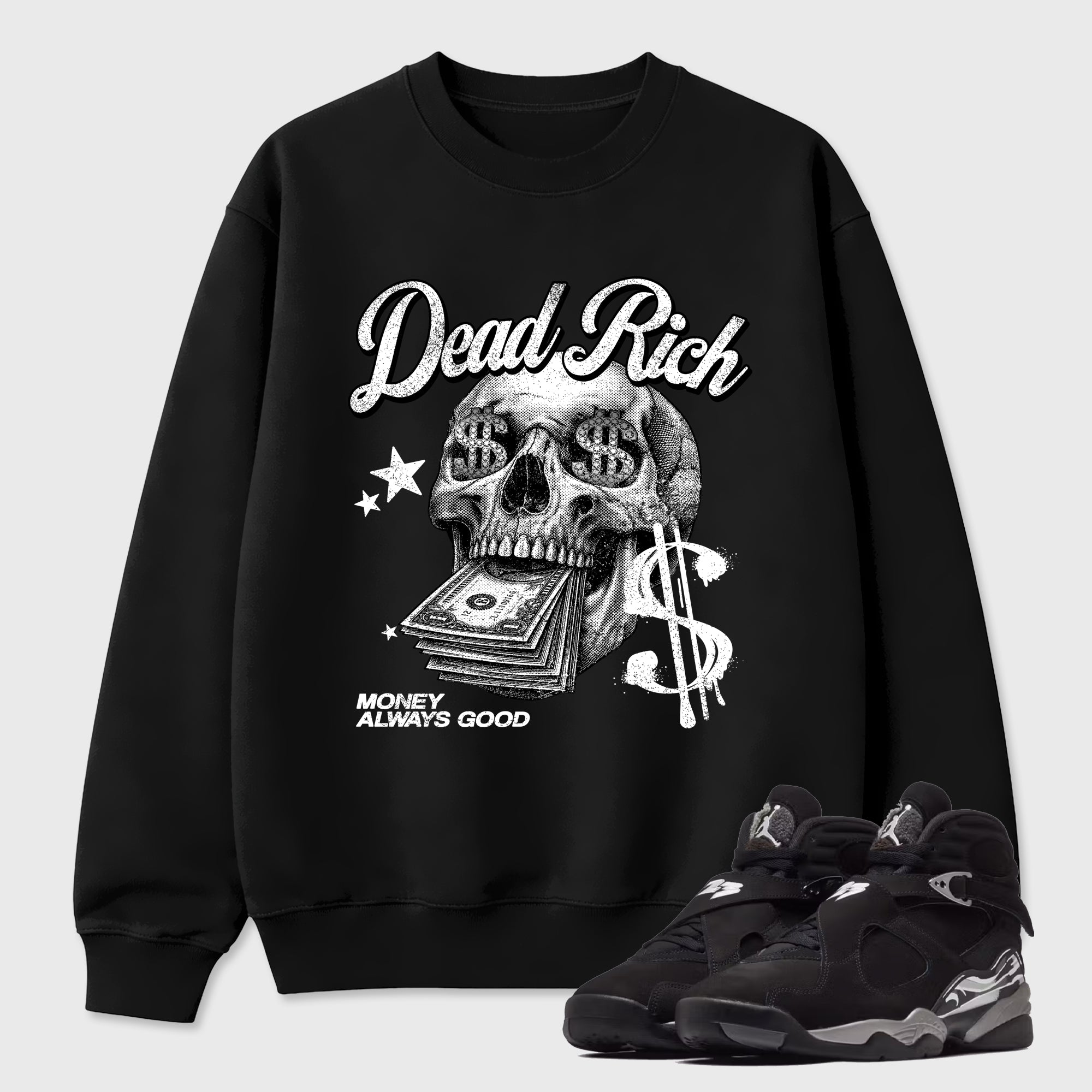 Dead Rich Graphic T-Shirt featuring original streetwear artwork designed to match the Air Jordan 8 Chrome. Black 1 Graphic Tee.