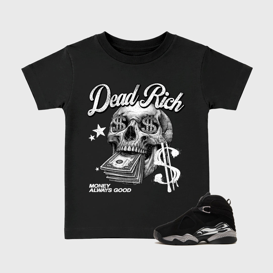 Dead Rich Baby & Kids Graphic T-Shirt featuring original artwork designed to match the Air Jordan 8 Chrome. Black 1 Kids Graphic Tee.