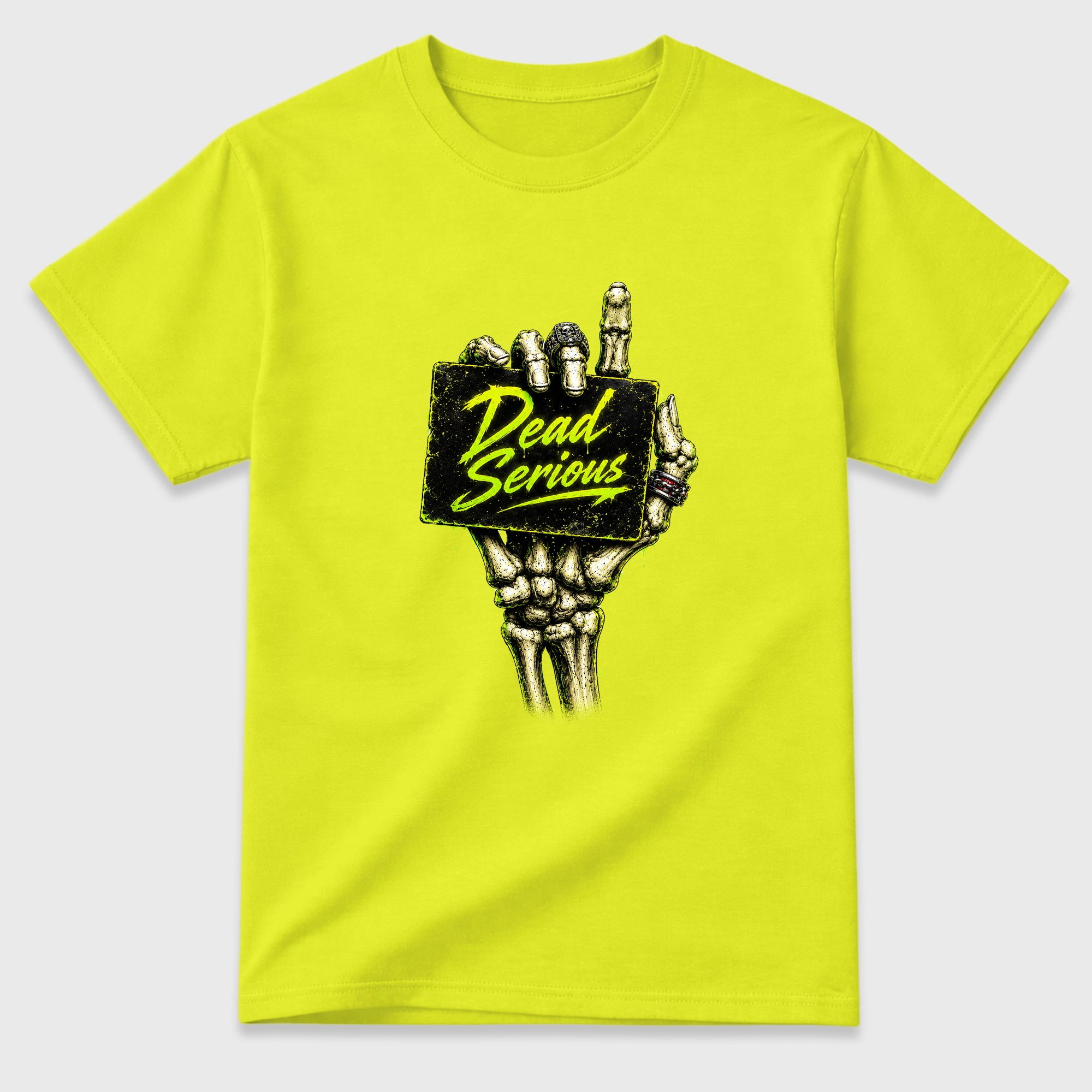 Dead Serious Graphic T-Shirt featuring original streetwear artwork designed to match the Halloween. Safety Green 2 Graphic T-Shirt.