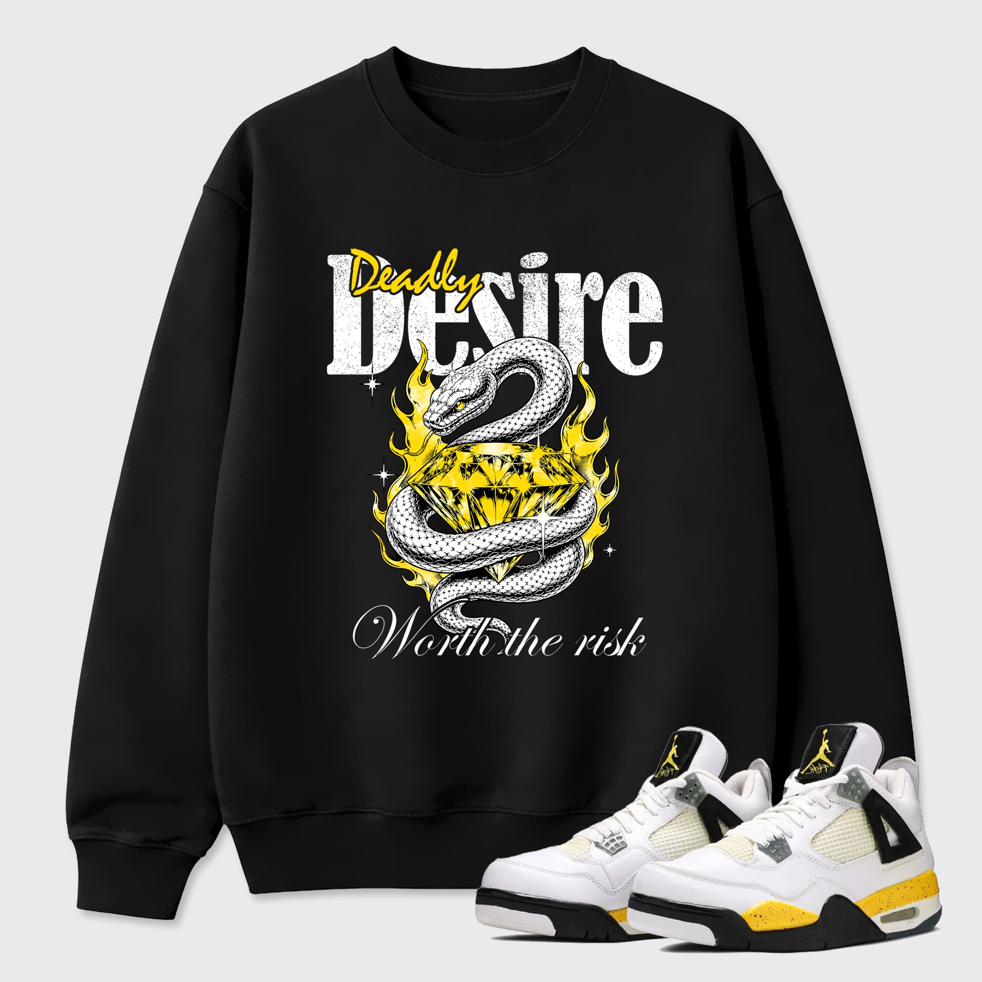 Deadly Desire Graphic T-Shirt featuring original streetwear artwork designed to match the Air Jordan 4 Tour Yellow. Black 1 Graphic Tee.