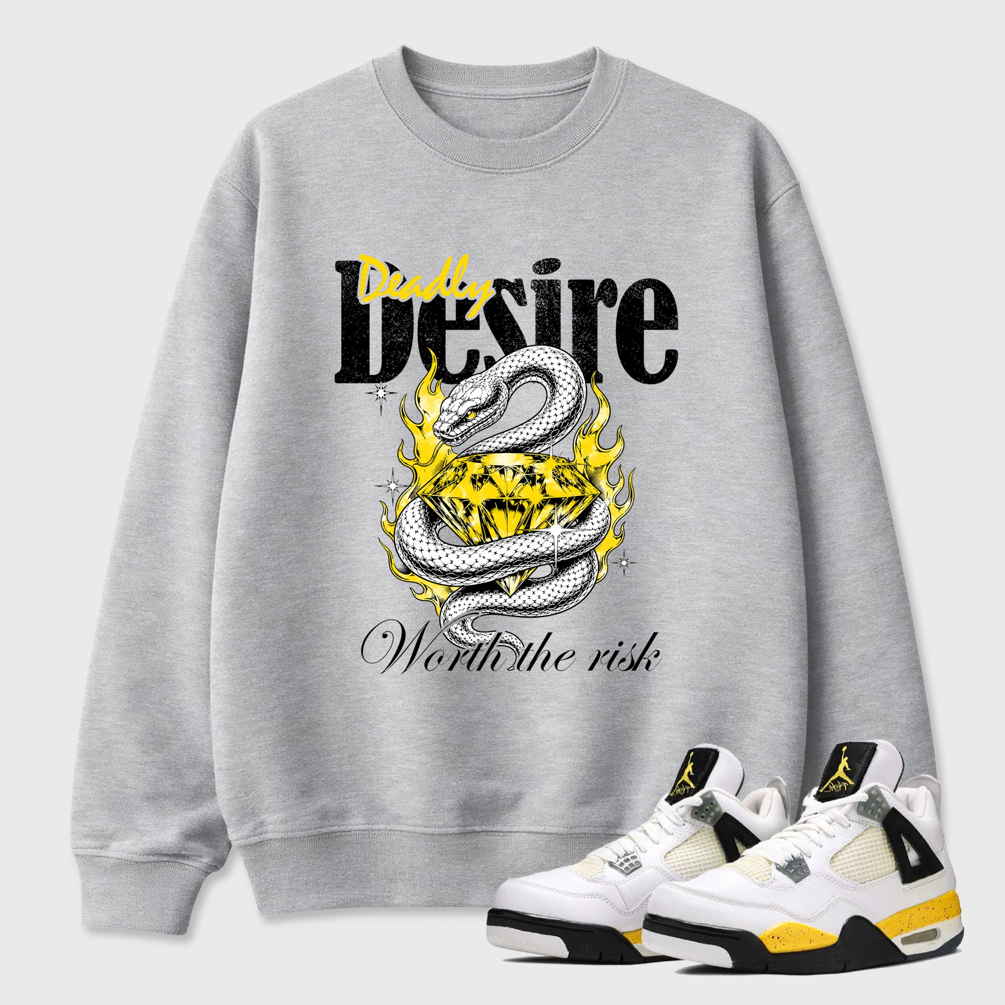 Deadly Desire Graphic T-Shirt featuring original streetwear artwork designed to match the Air Jordan 4 Tour Yellow. Heather Grey 1 Graphic Tee.