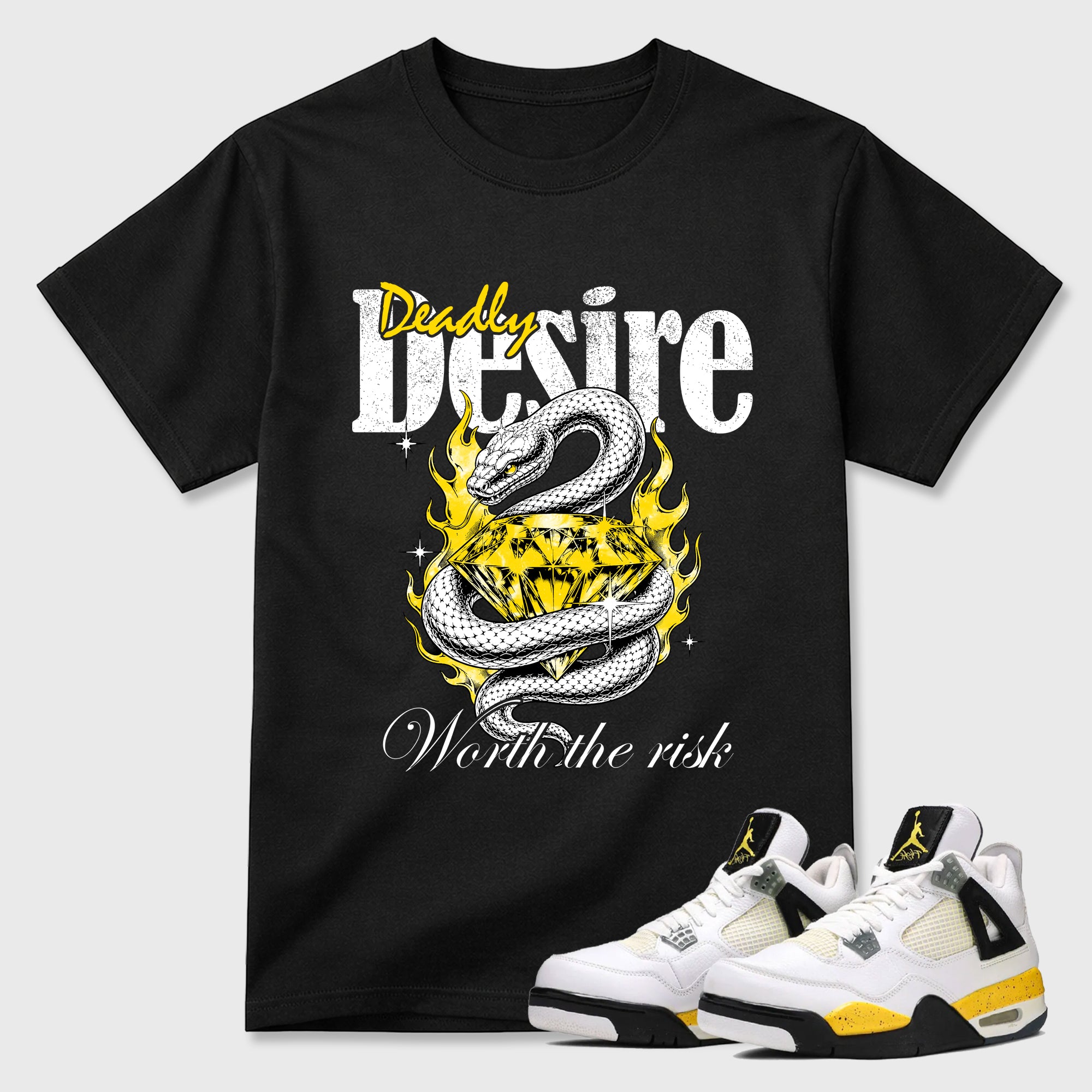 Deadly Desire Graphic T-Shirt featuring original streetwear artwork designed to match the Air Jordan 4 Tour Yellow. Black 1 Graphic T-Shirt.