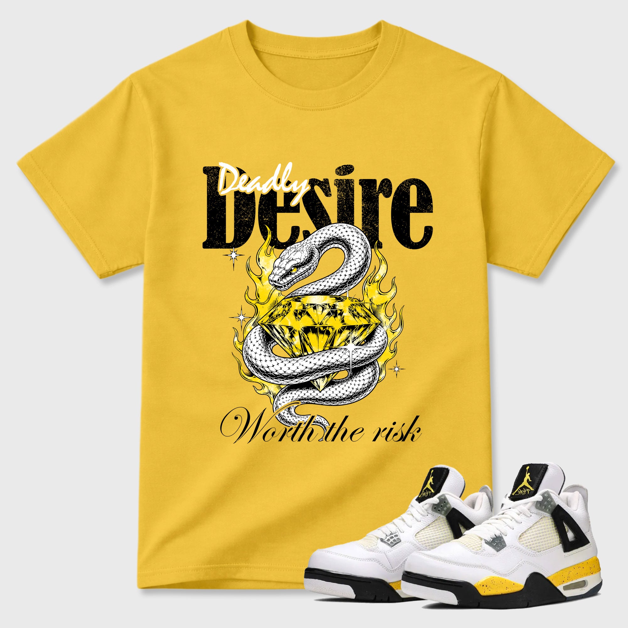 Deadly Desire Graphic T-Shirt featuring original streetwear artwork designed to match the Air Jordan 4 Tour Yellow. Daisy 1 Graphic T-Shirt.
