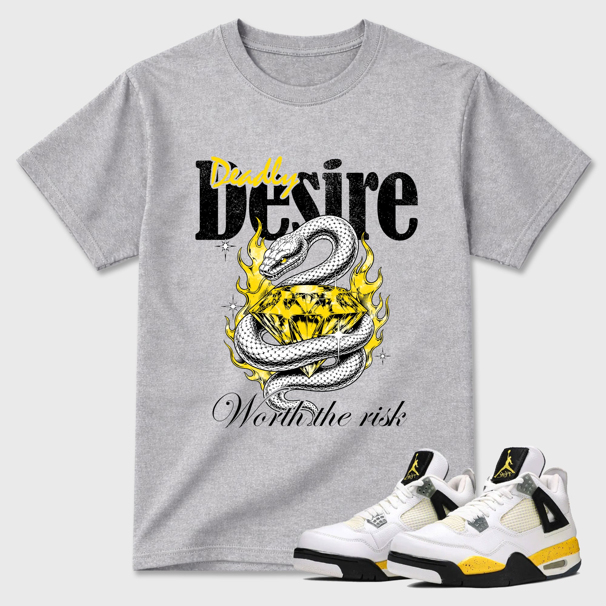 Deadly Desire Graphic T-Shirt featuring original streetwear artwork designed to match the Air Jordan 4 Tour Yellow. Heather Grey 1 Graphic T-Shirt.