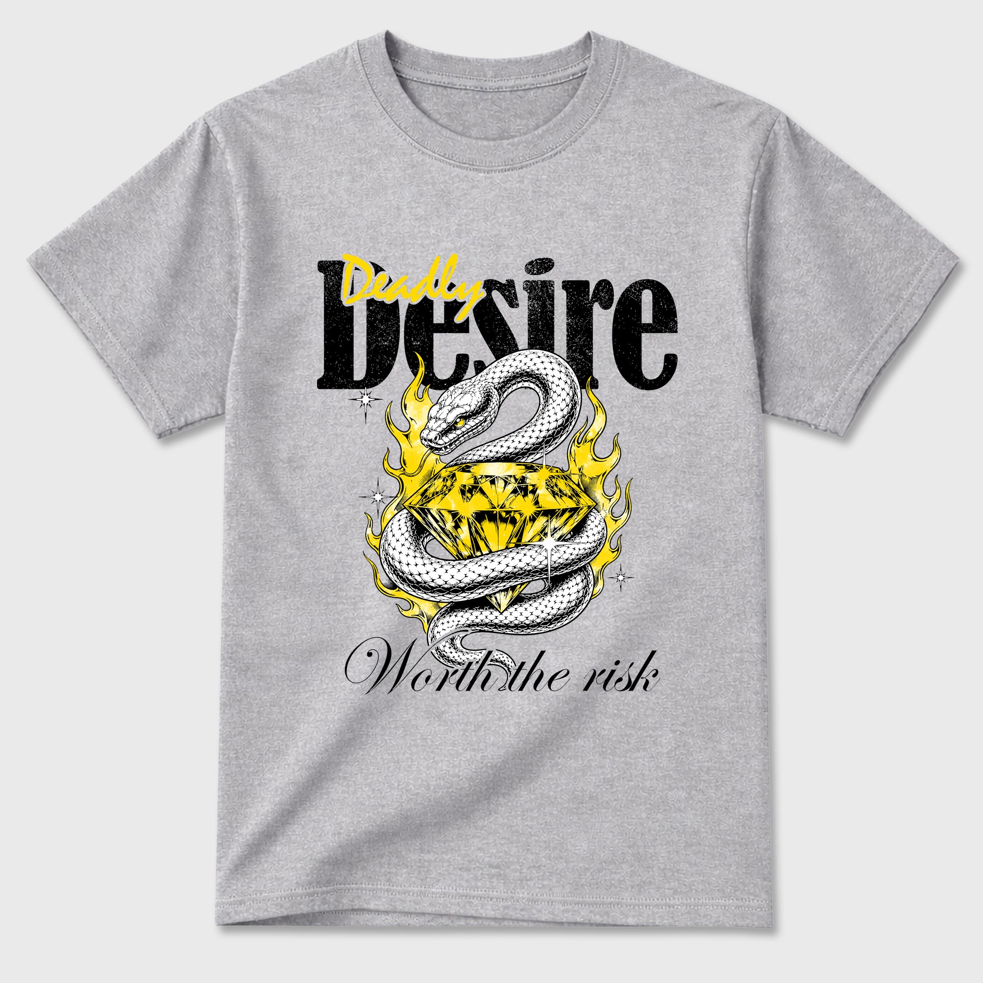 Deadly Desire Graphic T-Shirt featuring original streetwear artwork designed to match the Air Jordan 4 Tour Yellow. Heather Grey 2 Graphic T-Shirt.