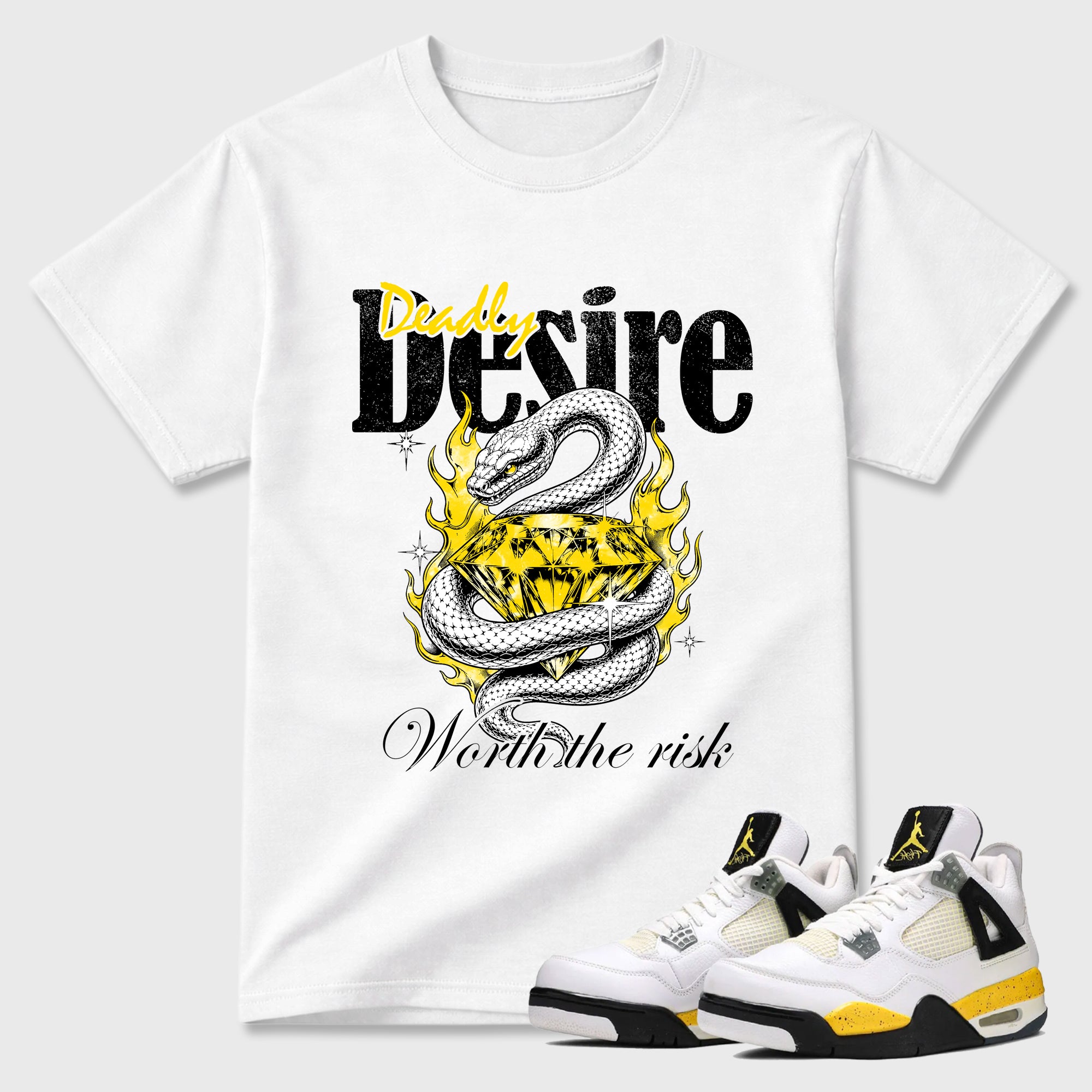 Deadly Desire Graphic T-Shirt featuring original streetwear artwork designed to match the Air Jordan 4 Tour Yellow. White 1 Graphic T-Shirt.