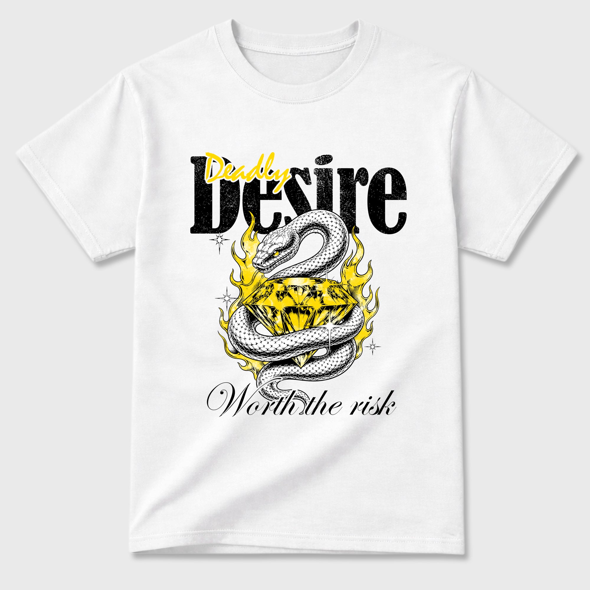 Deadly Desire Graphic T-Shirt featuring original streetwear artwork designed to match the Air Jordan 4 Tour Yellow. White 2 Graphic T-Shirt.