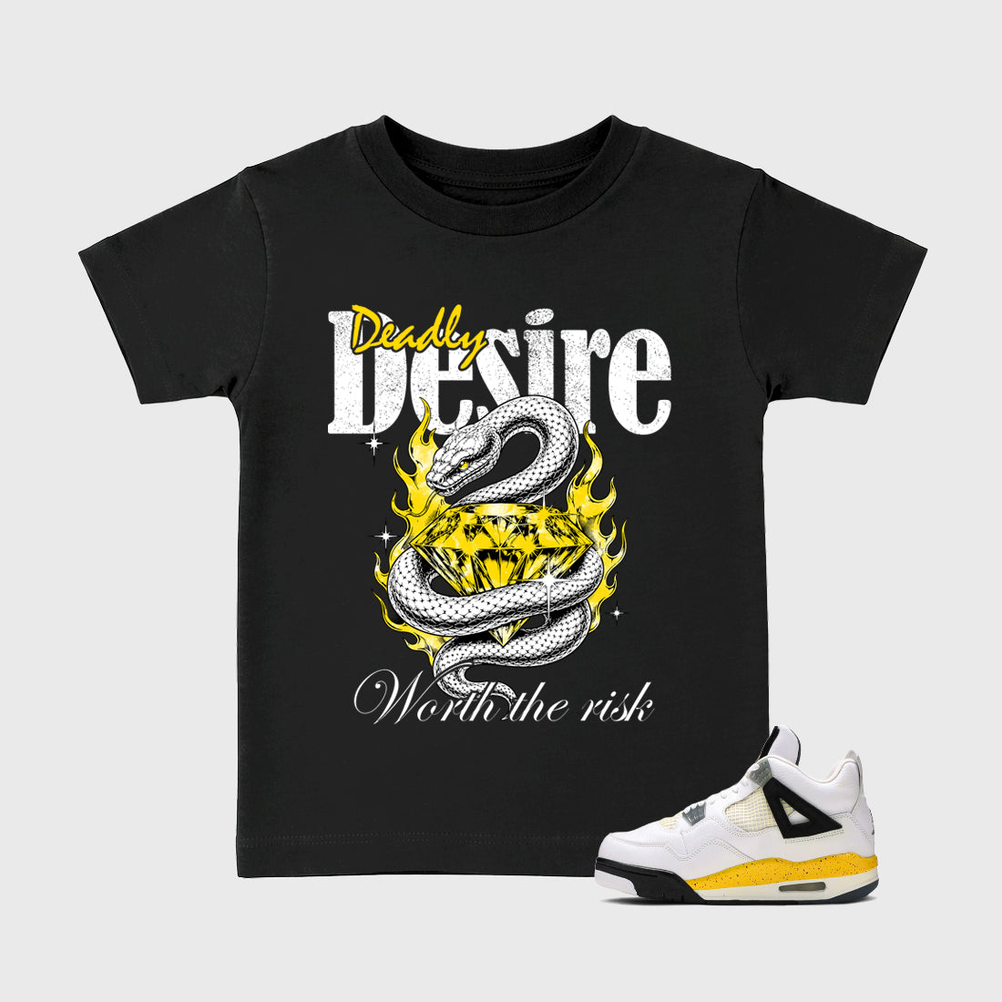 Deadly Desire Baby & Kids Graphic T-Shirt featuring original artwork designed to match the Air Jordan 4 Tour Yellow. Black 1 Kids Graphic Tee.
