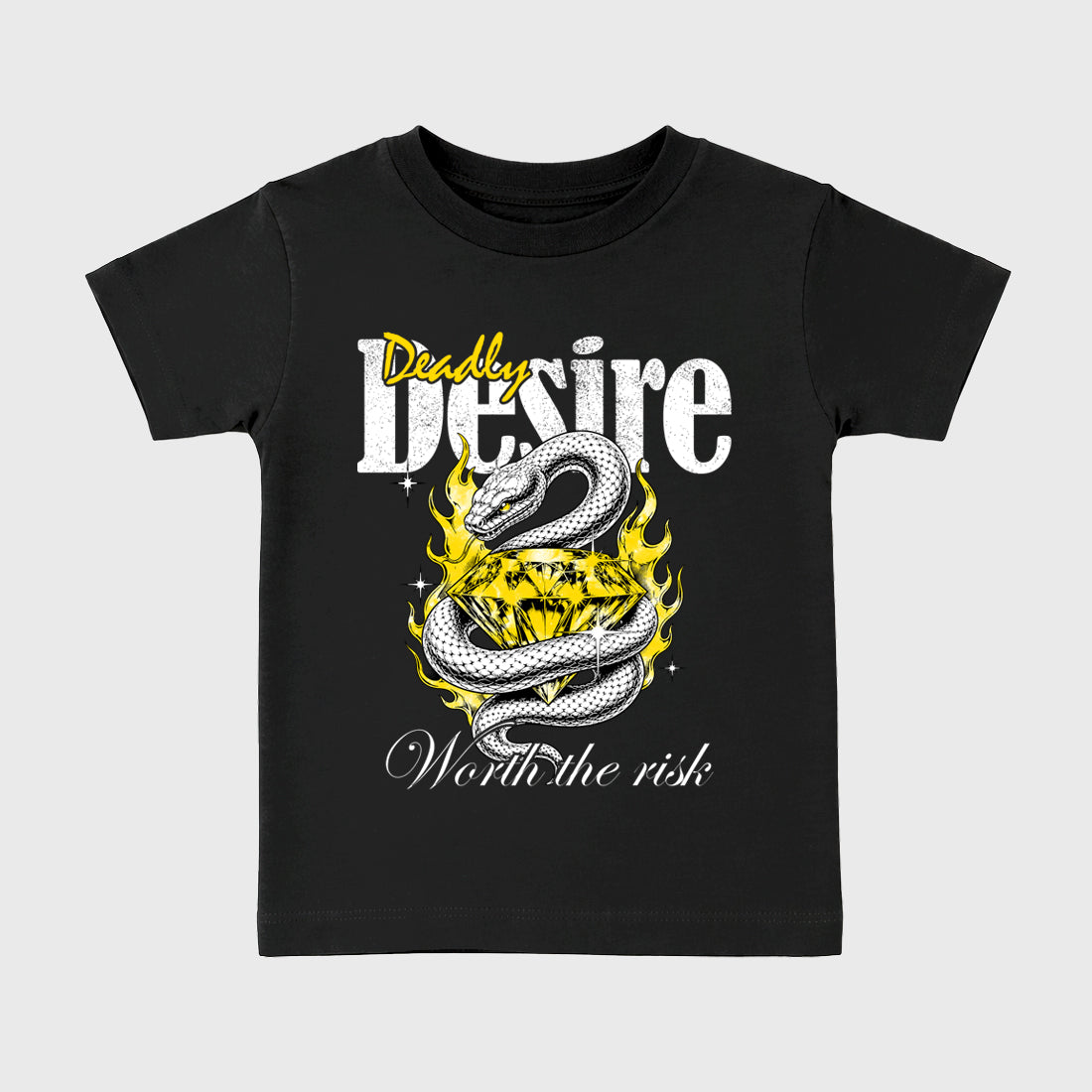 Deadly Desire Baby & Kids Graphic T-Shirt featuring original artwork designed to match the Air Jordan 4 Tour Yellow. Black 2 Kids Graphic Tee.