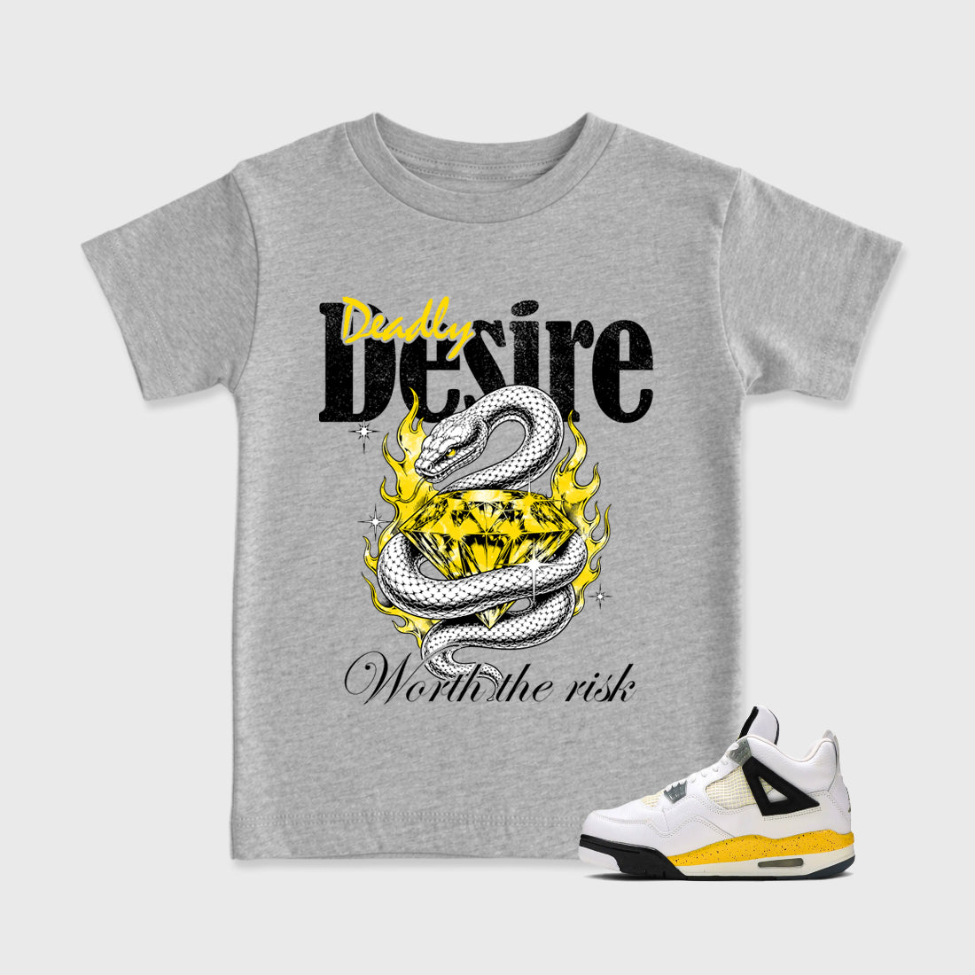 Deadly Desire Baby & Kids Graphic T-Shirt featuring original artwork designed to match the Air Jordan 4 Tour Yellow. Heather Grey 1 Kids Graphic Tee.