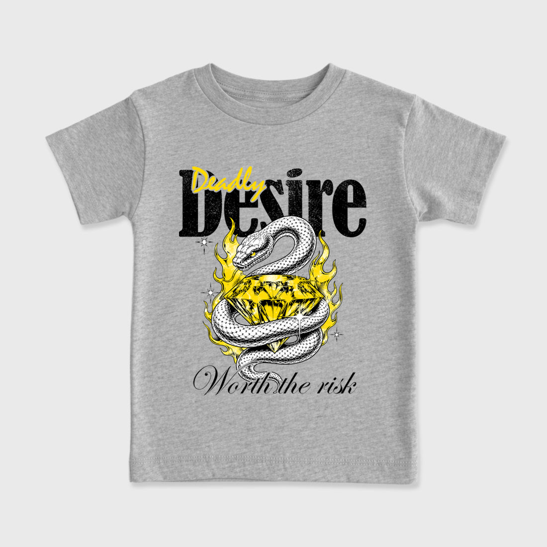 Deadly Desire Baby & Kids Graphic T-Shirt featuring original artwork designed to match the Air Jordan 4 Tour Yellow. Heather Grey 2 Kids Graphic Tee.