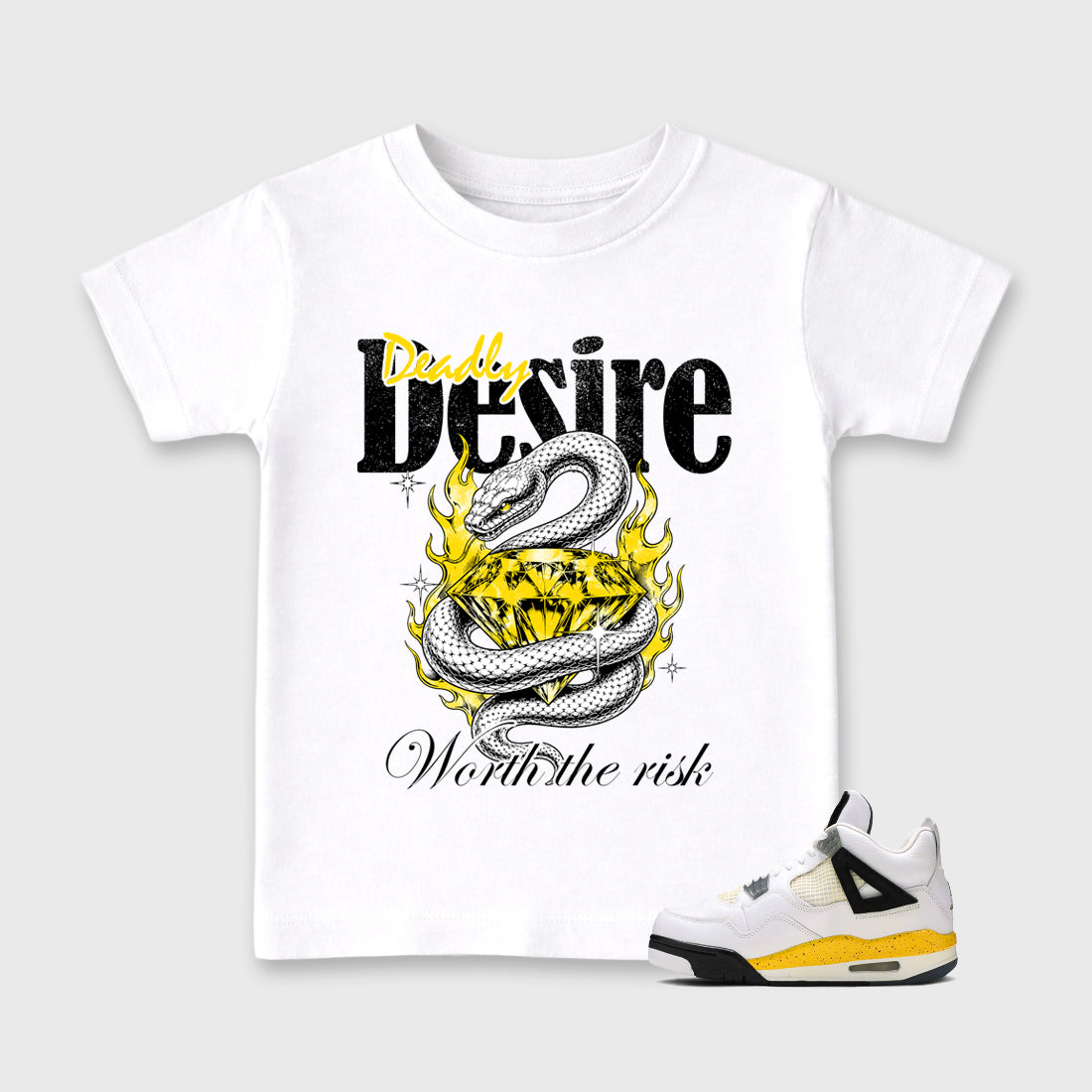 Deadly Desire Baby & Kids Graphic T-Shirt featuring original artwork designed to match the Air Jordan 4 Tour Yellow. White 1 Kids Graphic Tee.