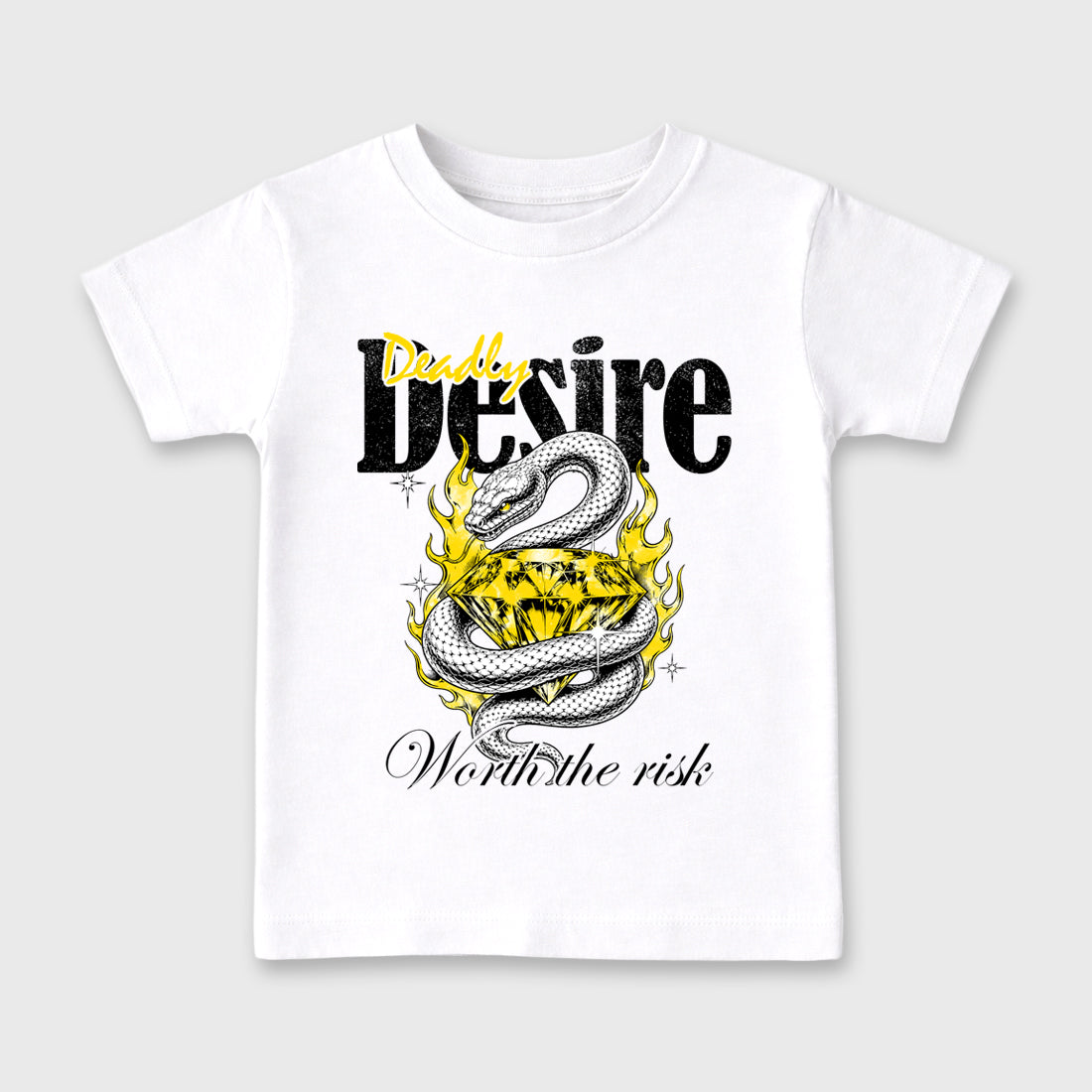 Deadly Desire Baby & Kids Graphic T-Shirt featuring original artwork designed to match the Air Jordan 4 Tour Yellow. White 2 Kids Graphic Tee.