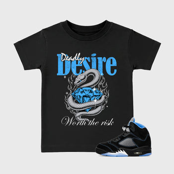 Deadly Desire affordable baby and kids t-shirt designed to match the Air Jordan 5 Black University Blue, featuring coordinated Black 1 options for the perfect little sneakerhead streetwear look.