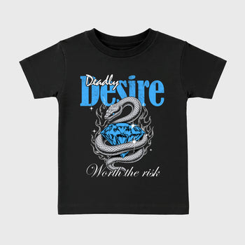 Deadly Desire affordable baby and kids t-shirt designed to match the Air Jordan 5 Black University Blue, featuring coordinated Black 2 options for the perfect little sneakerhead streetwear look.