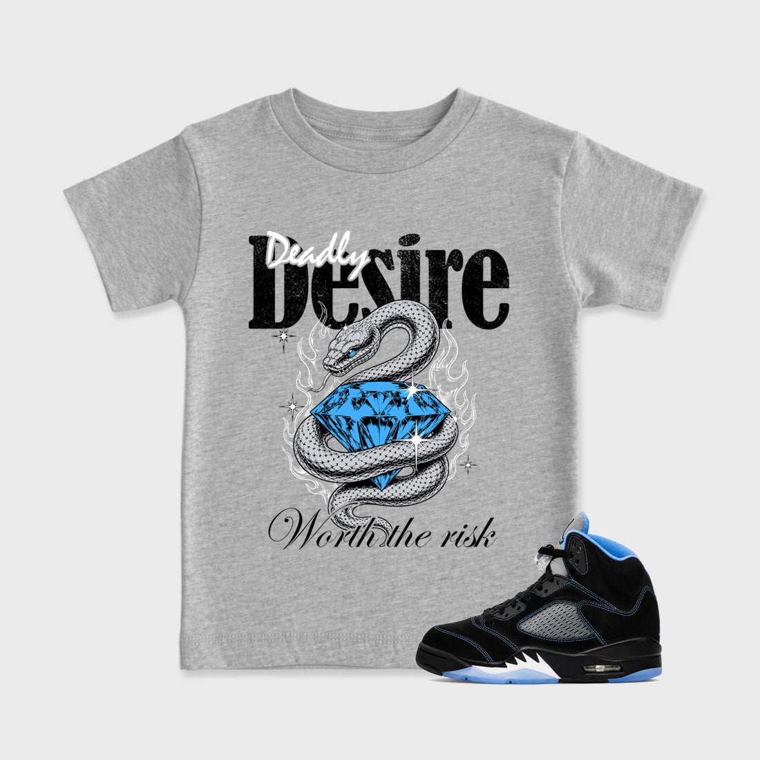 Deadly Desire affordable baby and kids t-shirt designed to match the Air Jordan 5 Black University Blue, featuring coordinated Heather Grey 1 options for the perfect little sneakerhead streetwear look.