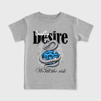 Deadly Desire affordable baby and kids t-shirt designed to match the Air Jordan 5 Black University Blue, featuring coordinated Heather Grey 2 options for the perfect little sneakerhead streetwear look.