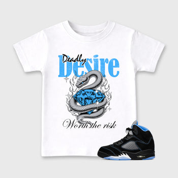 Deadly Desire affordable baby and kids t-shirt designed to match the Air Jordan 5 Black University Blue, featuring coordinated White 1 options for the perfect little sneakerhead streetwear look.
