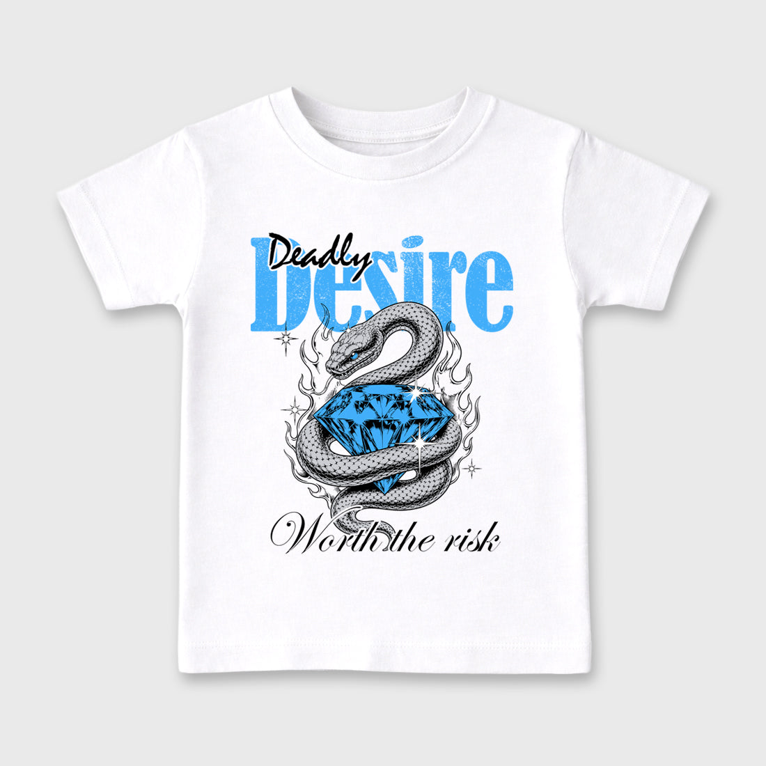 Deadly Desire affordable baby and kids t-shirt designed to match the Air Jordan 5 Black University Blue, featuring coordinated White 2 options for the perfect little sneakerhead streetwear look.