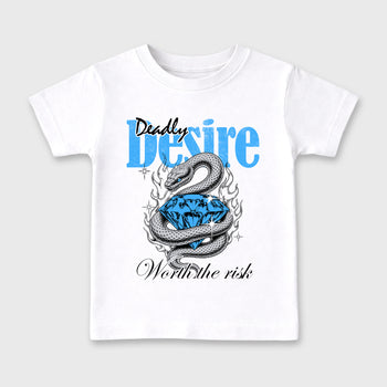 Deadly Desire affordable baby and kids t-shirt designed to match the Air Jordan 5 Black University Blue, featuring coordinated White 2 options for the perfect little sneakerhead streetwear look.
