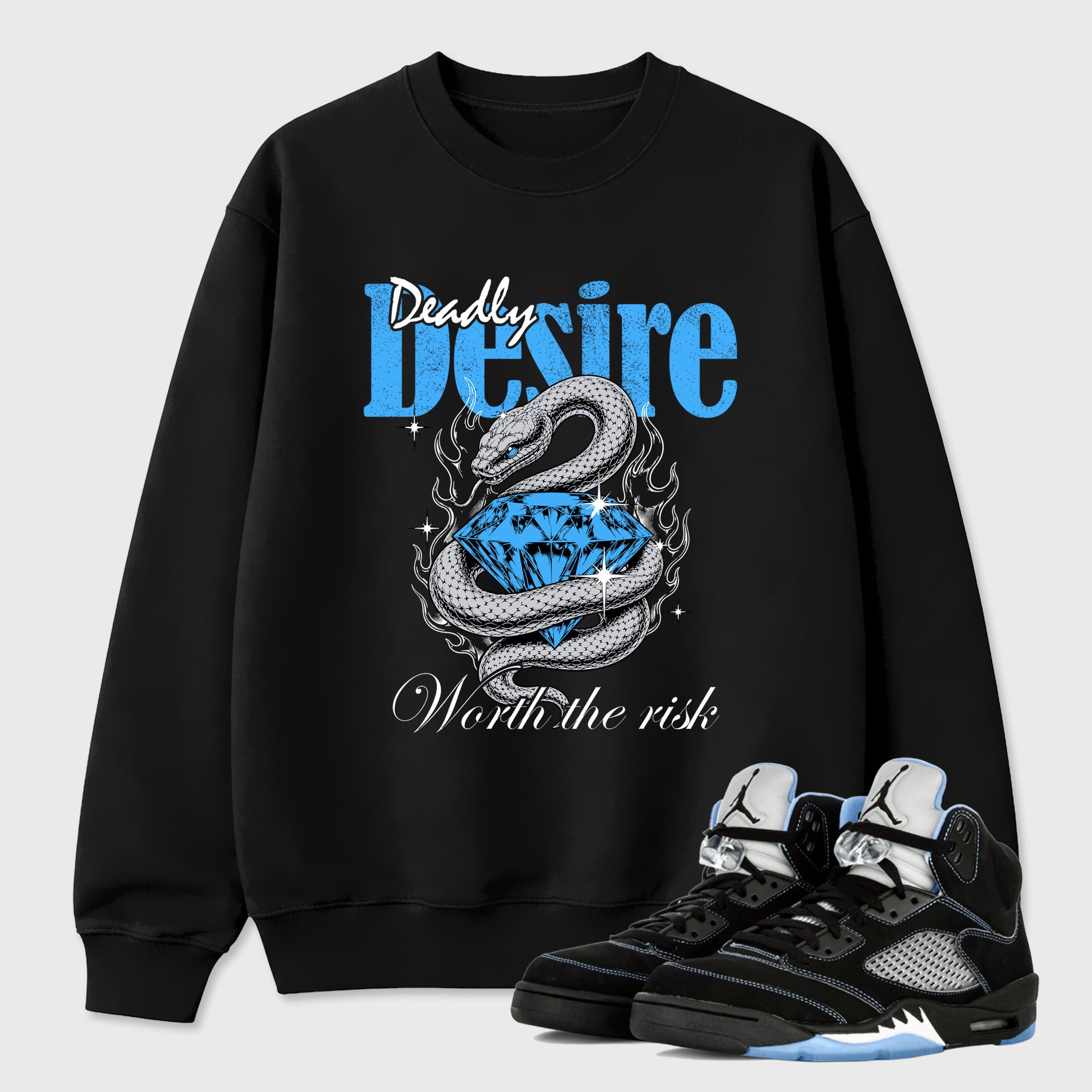 Deadly Desire Graphic T-Shirt sneaker match tee designed for the Air Jordan 5 Black University Blue, featuring coordinated color options for a perfect streetwear match. Black 1 shirt.