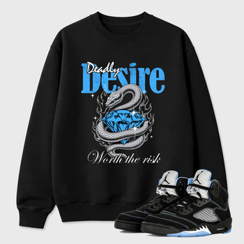 Deadly Desire Graphic T-Shirt sneaker match tee designed for the Air Jordan 5 Black University Blue, featuring coordinated color options for a perfect streetwear match. Black 1 shirt.