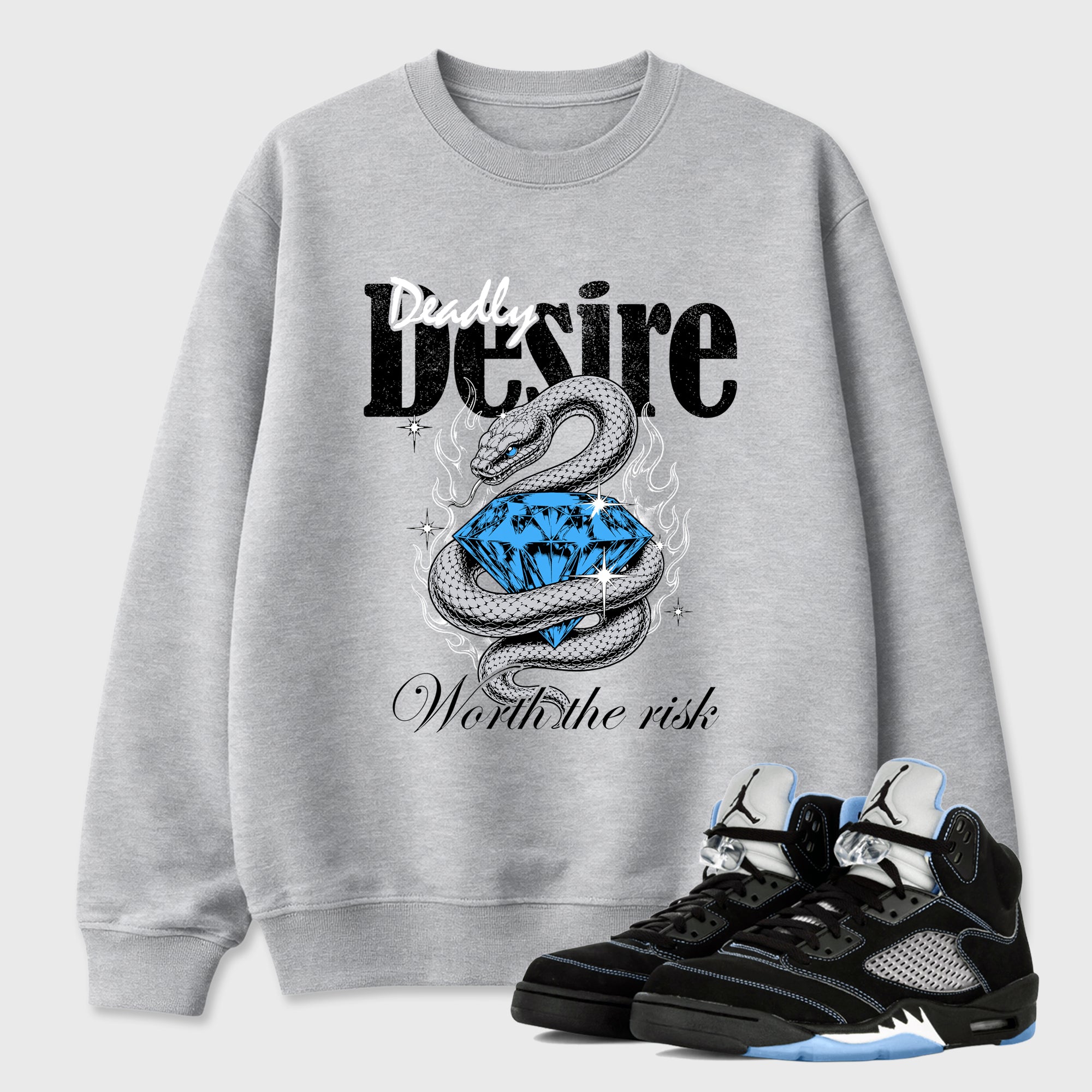 Deadly Desire Graphic T-Shirt sneaker match tee designed for the Air Jordan 5 Black Carolina, featuring coordinated color options for a perfect streetwear match. Heather Grey 1 shirt.
