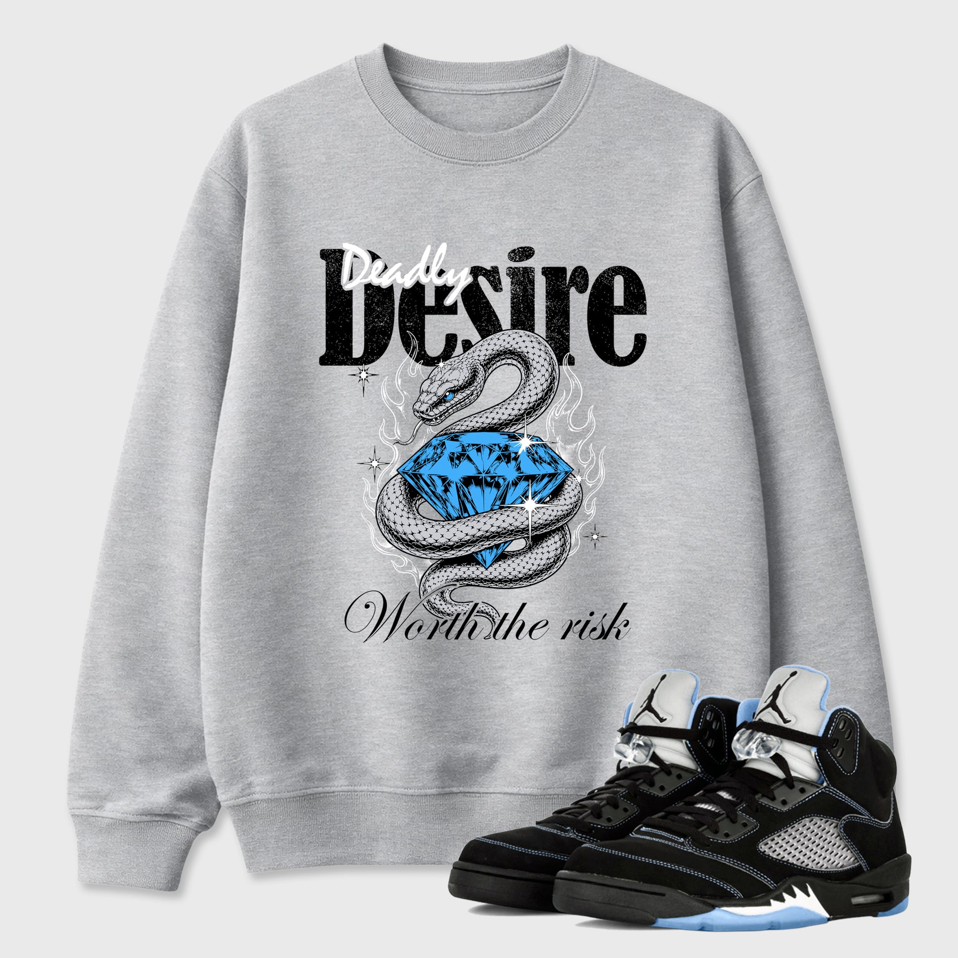 Deadly Desire Graphic T-Shirt sneaker match tee designed for the Air Jordan 5 Black University Blue, featuring coordinated color options for a perfect streetwear match. Heather Grey 1 shirt.