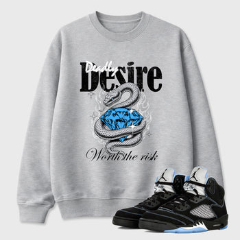 Deadly Desire Graphic T-Shirt sneaker match tee designed for the Air Jordan 5 Black University Blue, featuring coordinated color options for a perfect streetwear match. Heather Grey 1 shirt.
